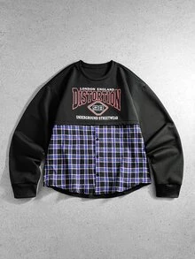 ROMWE MEN Men's Fashion Patchwork Blue & Purple Plaid 2 In 1 Long Sleeve Pullover T-Shirt - Black - View 5