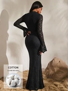 Opulessa 女款對比蕾絲深V領喇叭袖修身優雅洋裝 - 黑色 - 查看 2