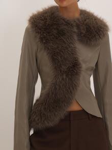 MUSEYN Grey PU Faux Fur Collar Long Sleeve Jacket Versatile Everyday Date Night Chic New Season Fall - Grey - View 3
