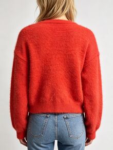 SHEIN 聖誕紅色雪花串珠毛絨女款圓領寬鬆慵懶套頭上衣 - 紅色 - 查看 2