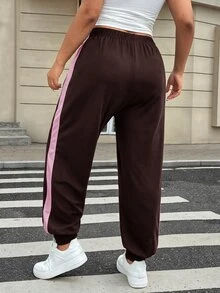 Muchica Plus Contrast Side Seam Sweatpants Graduation,Back To School Outfits,Graduation,Teacher Outfits For Women,Back To School - Chocolate Brown - View 2