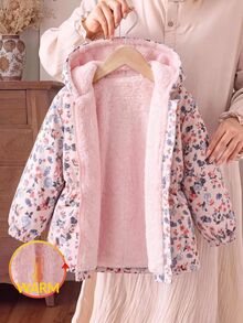 SHEIN 女嬰編織碎花仿皮草內裡連帽休閒夾克 - 彩色 - 查看 3