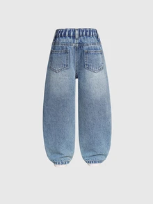 SHEIN 女童時尚可愛街頭風愛心刺繡寬鬆直筒牛仔長褲 - 中等水洗藍 - 查看 2