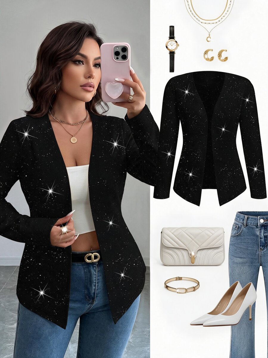 EMERY ROSE CURVE Plus Size Women's Minimalist Fashion Sequin Fabric Solid Color Long Sleeve Blazer, Suitable For Spring/Autumn Party, Commute, Business Wear - Black - View 1