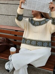 Lacomfia Plus Size Women's Round Neck Cable Knit Casual Fashion Loose Pullover Sweater - Beige - View 1