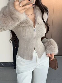 Feyla Atasan Patchwork Bulu Imitasi Bergaris untuk Wanita - Khaki - View 5
