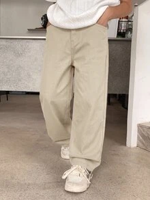 SHEIN 青少年男孩時尚休閒 Y2K 復古酷藍色牛仔褲 寬鬆舒適直筒牛仔褲 童裝 - 卡其色 - 查看 6