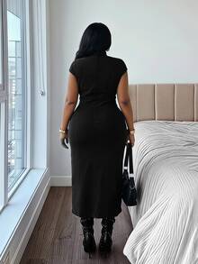 Jeanoix Plus Size Women's Casual Daily Summer Denim Dress With Button And Slit Design - Black - View 2