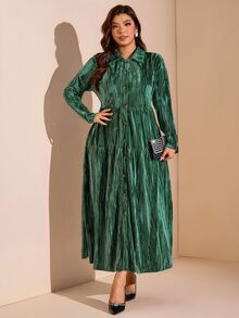 Comfylo فستان نسائي مقاس كبير بأكمام طويلة وياقة، مخمل أخضر، مرن قليلاً، ناعم ومريح، لحفلات الخريف/الشتاء والفعاليات المسائية والعشاء - أخضر - مشاهدة 4