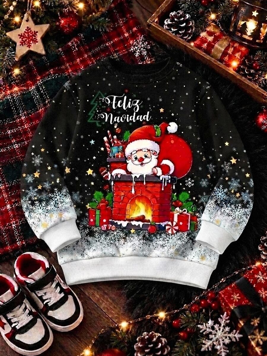 Young Boy Christmas Santa, Gift Box, Snowflake And Other Christmas Elements Crew Neck Sweatshirt, Suitable For Christmas Activities And Photo Shoots - White - View 1