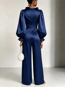 RosyDaze Women's Solid Color Patchwork Ruffle V-Neck Lantern Sleeve Elegant Wide Leg Jumpsuit - Blue - View 2