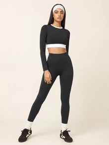 SHEIN BAE تي شيرت رياضي كاجوال يومي بأكمام طويلة وتصميم ألوان متباينة للنساء - الأسود - مشاهدة 7