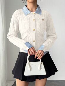 Franclia Fashionable French 2000s Blogger-Inspired 2 In 1 Patchwork Knit Cardigan Sweater Cable Button Up Collared Teachers' Day Office Grey Blue Autumn - Beige - View 3