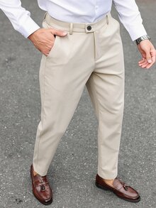 Manfinity Mode 男士素色正式西裝褲，修身商務長褲，適合通勤、休閒與旅行，送給男友的完美禮物，適用典禮與新年 - 卡其色 - 查看 6