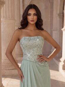 Coutiva Women's Sequin Ruched Elegant Formal Waist-Cinched Strapless Evening Prom Graduation Dress Sage Green Fall New Year Luxury Prom Dresses - Dusty Blue - View 2