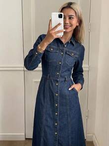 DAZY Đầm sơ mi denim nữ tay phồng dài, cài nút đơn, có túi - Màu xanh lam - Xem 3