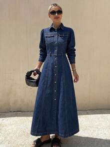 DAZY Đầm sơ mi denim nữ tay phồng dài, cài nút đơn, có túi - Màu xanh lam - Xem 4