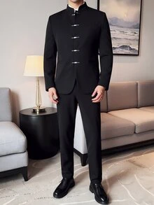 Manfinity Mode 男士商務休閒黑色正式立領單排扣西裝外套與長褲套裝，完美假期禮物 - 黑色 - 查看 4