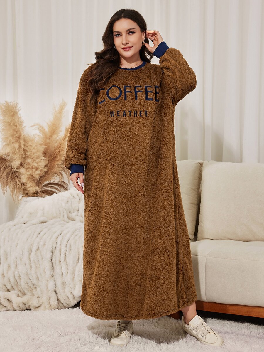 Lacomfia Casual Minimalist Letter Embroidered Crew Neck Drop Shoulder Long Sleeve Loose Regular Fit Plus Size Sweatshirt, Autumn/Winter - Brown - View 1