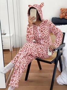 Napfluff Pink Leopard Print Star Pattern Hooded Zip-Up One-Piece Pajamas, Cozy Loungewear For Home - Pink - View 3