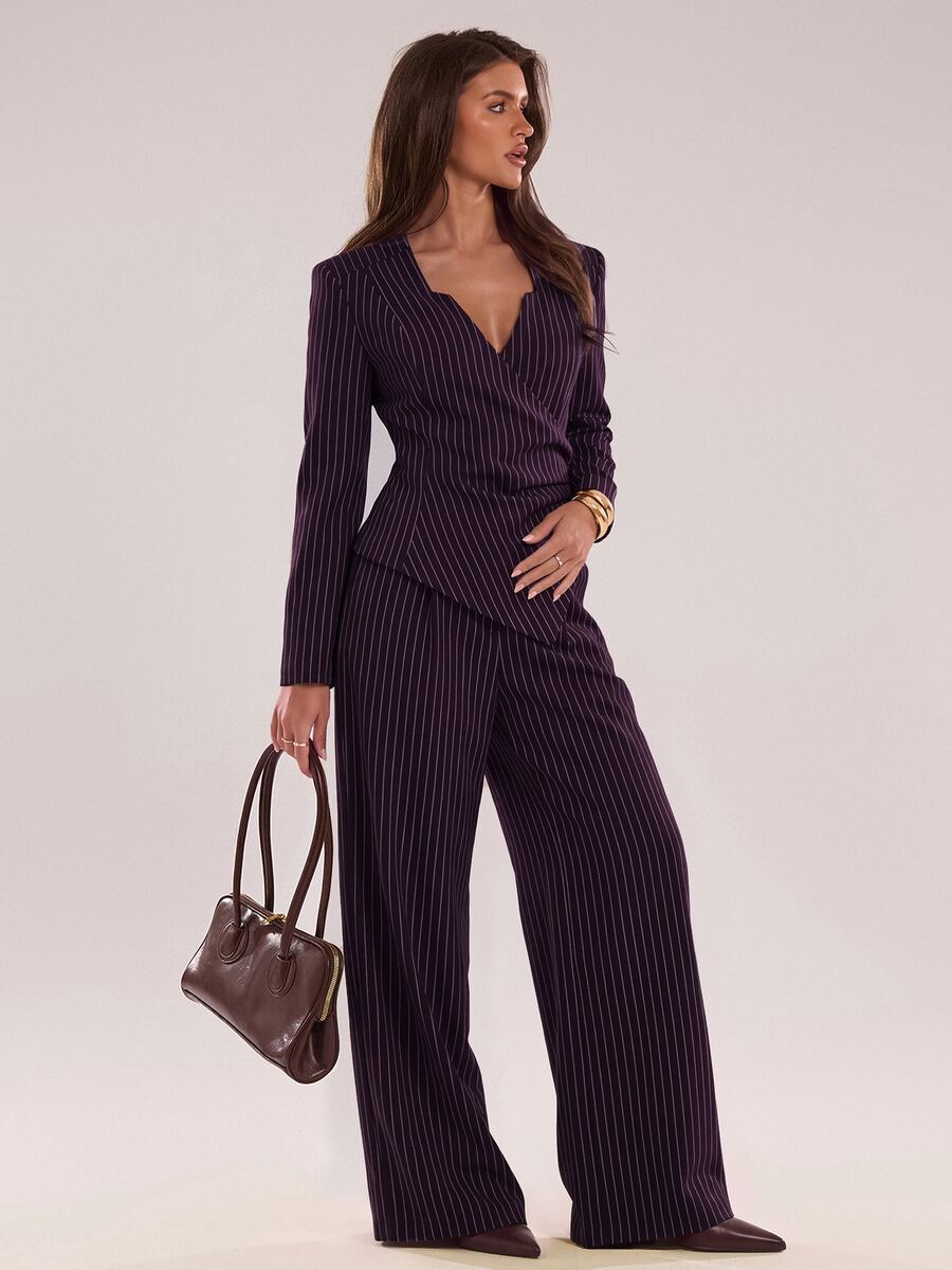 SHEIN BAE Women's Ruched Waist Brown Striped Long Sleeve Blazer And Pants Suit Set, Casual Commute Outfit, Social Event Wear - Brown - View 1