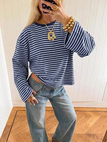SHEIN EZwear Women's Minimalist Korean Style Striped Colorblock T-Shirt For Daily Wear - Blue - View 3