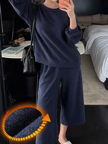 DAZY Women's Solid Color Long Sleeve Top And Pants Casual Daily Home Sleepwear Set - Navy Blue - View 3