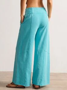 Bohemela Casual Solid Color Knit Loose Wide Leg Washed Women's Long Pants - Mint Blue - View 2