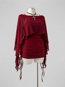 Sunspun Plus Size Spring/Summer Sheer Top & Fitted Drawstring Camisole Dress 2 Pieces Set Fall - Burgundy - View 5