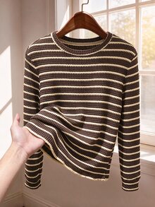 Rusticease Women's Striped Crew Neck Long Sleeve Casual T-Shirt - Black - View 4