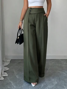 Elenzga Deep Army Green Asymmetrical Fold High Waist Wide Leg Suit Pants For Women, Side Button Decor, Center Seam Pleated Draped Long Trousers For Office Commute - Army Green - View 4