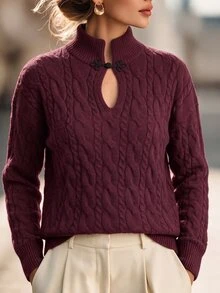 Wandoria Sweater Rajut Lengan Panjang Wanita Terbaru Musim Gugur, Model Satu Potong, Kerah Semi-Tinggi, Kancing Ruyi, Motif Tali Rami Klasik, Potongan Pas Badan, Serbaguna, Modis untuk Sehari-hari, Unik, dan Personal. - Burgundy - View 6