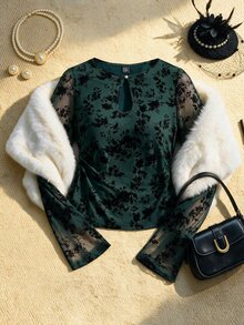 EastFlair Plus Size Women's Flocked Mesh Keyhole Neck Long Sleeve Elegant Top Fall - Dark Green - View 2
