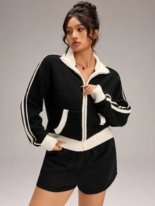 Rosumi Áo cardigan len dệt kim gân kẻ sọc phối màu tương phản có khóa kéo size lớn - màu đen - Xem 5