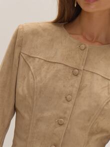MUSEYN Beige Faux Suede Tailored Blazer Versatile Everyday Casual Chic Date Night New Season Fall - Khaki - View 6