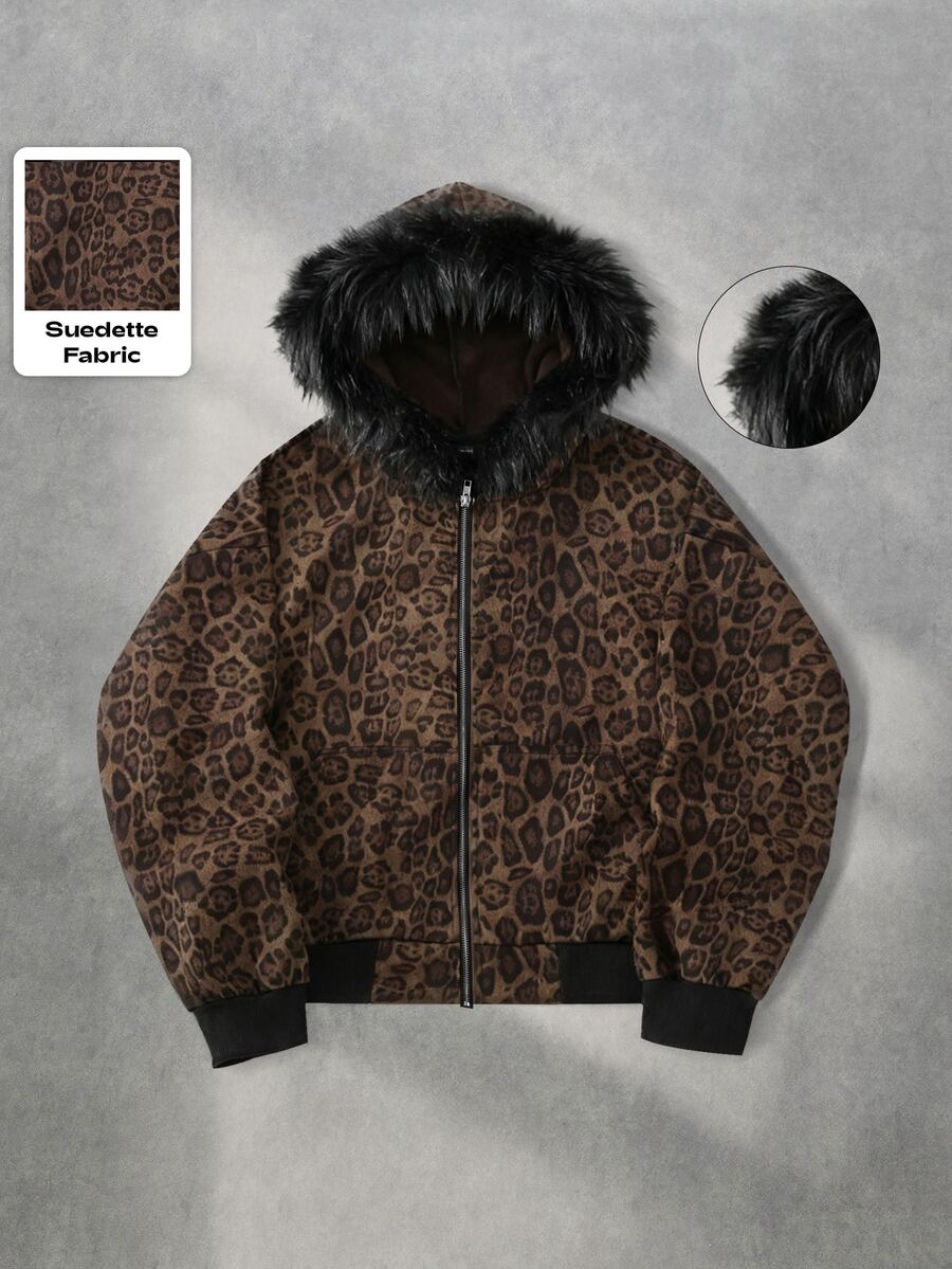 ROMWE MEN American Vintage Leopard Print Fur Collar Plus Size Sweatshirt Hoodie - Brown - View 1