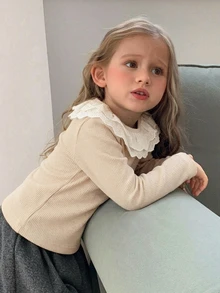 Hapijoa 女童幼兒秋季圓領針織拼色條紋短袖T恤 - 米色 - 查看 2