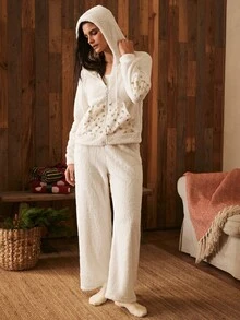 Lullawish Bohemian Style Women's Hooded Zip-Up Floral Patchwork Fleece Top And Fleece Long Pants Pajama Set - Apricot - View 5