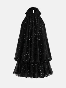 SHEIN Tween女孩黑色掛脖綁帶迷你洋裝，派對華麗兒童洋裝 - 黑色 - 查看 3