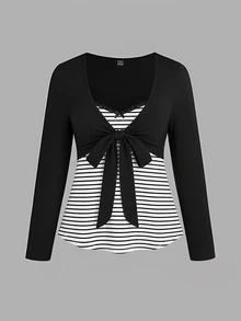 Sweetra Plus Size Women's Casual Commute Minimalist Colorblock Long Sleeve T-Shirt, Autumn Fall - Multicolor - View 3