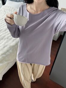 DAZY Women's Loungewear Set Comfortable Dual-Color Solid T-Shirt And Pants - Dusty Purple - View 6