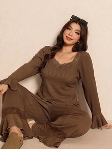 Elaquor Plus Size Women Solid Color Long Sleeve Ruffle Lace Top And Pants 2 Pieces Set - Mocha Brown - View 3