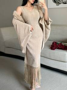 Feyla Women's Solid Color Patchwork Faux Fur Batwing Sleeve Loose Jacket And Tassel Hem Dress Elegant 2 Pieces Set - Khaki - View 4