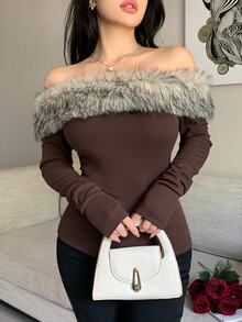 Feyla Women's Korean Style Faux Fur Patchwork Off-Shoulder T-Shirt - Coffee Brown - View 3