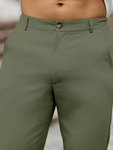 Manfinity Homme 男士純色口袋休閒直筒長褲，秋季 - 軍綠色 - 查看 3