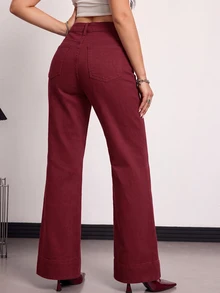 SHEIN Tall 女款高腰直筒寬鬆休閒百搭牛仔褲 - 酒紅色 - 查看 7