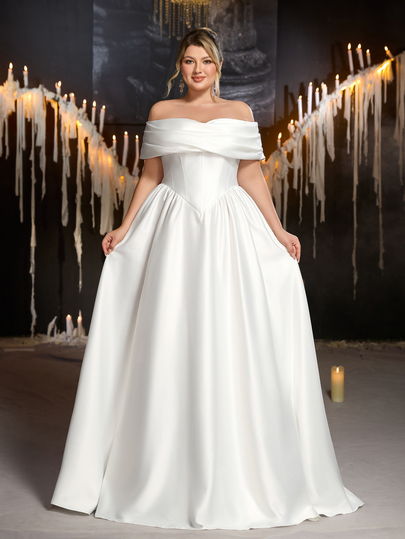 Glamrae Plus Size Elegant Romantic Off-Shoulder Ruched V-Waist Extra Full Skirt Wedding Dress For Events