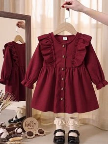 SHEIN فستان محبوك أحمر لطيف بأكمام طويلة وحافة مكشكشة للفتيات الصغيرات - عنابي اللون - مشاهدة 2