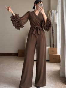 Modelyn Autumn/Winter Elegant Fashion V-Neck Cross Ruffle Long Sleeve Jumpsuit With Bow Waist Belt And Draped Wide Leg Pants For Women - Coffee Brown - View 7