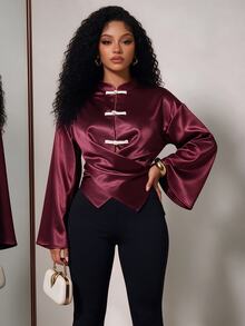 BamGleam Women's Front Button Wrist Cuff Lightweight Jacket Party Dinner Fancy Dark Red Fall Celestial Elegant Vintage - Burgundy - View 3